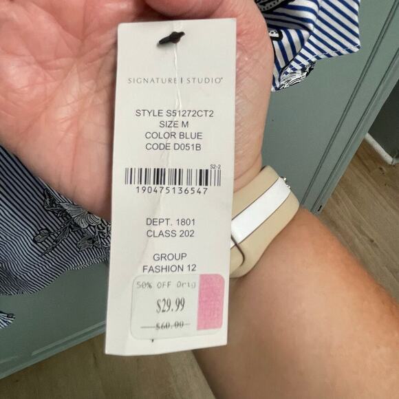 Signature Studio Blue Striped Floral Print Lightweight Dress Size Medium NEW - Picture 3 of 5